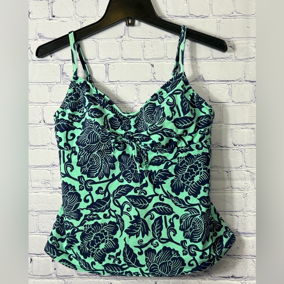 Lands End Chlorine Resistant Underwire Ruched Tankini Top Sz 10 Aqua Navy Floral - Picture 1 of 6